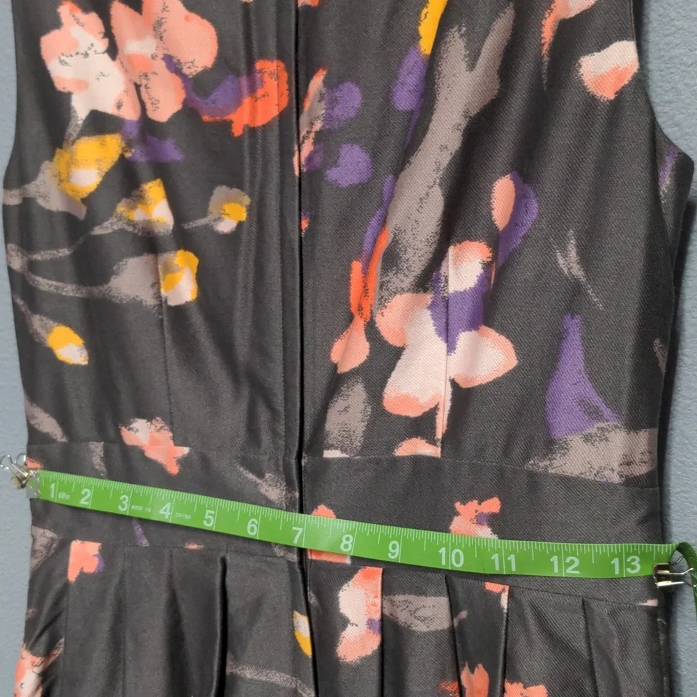 sz 6 Grey floral tea length dress sleeveless pockets fully lined hidden zipper - Picture 13 of 13